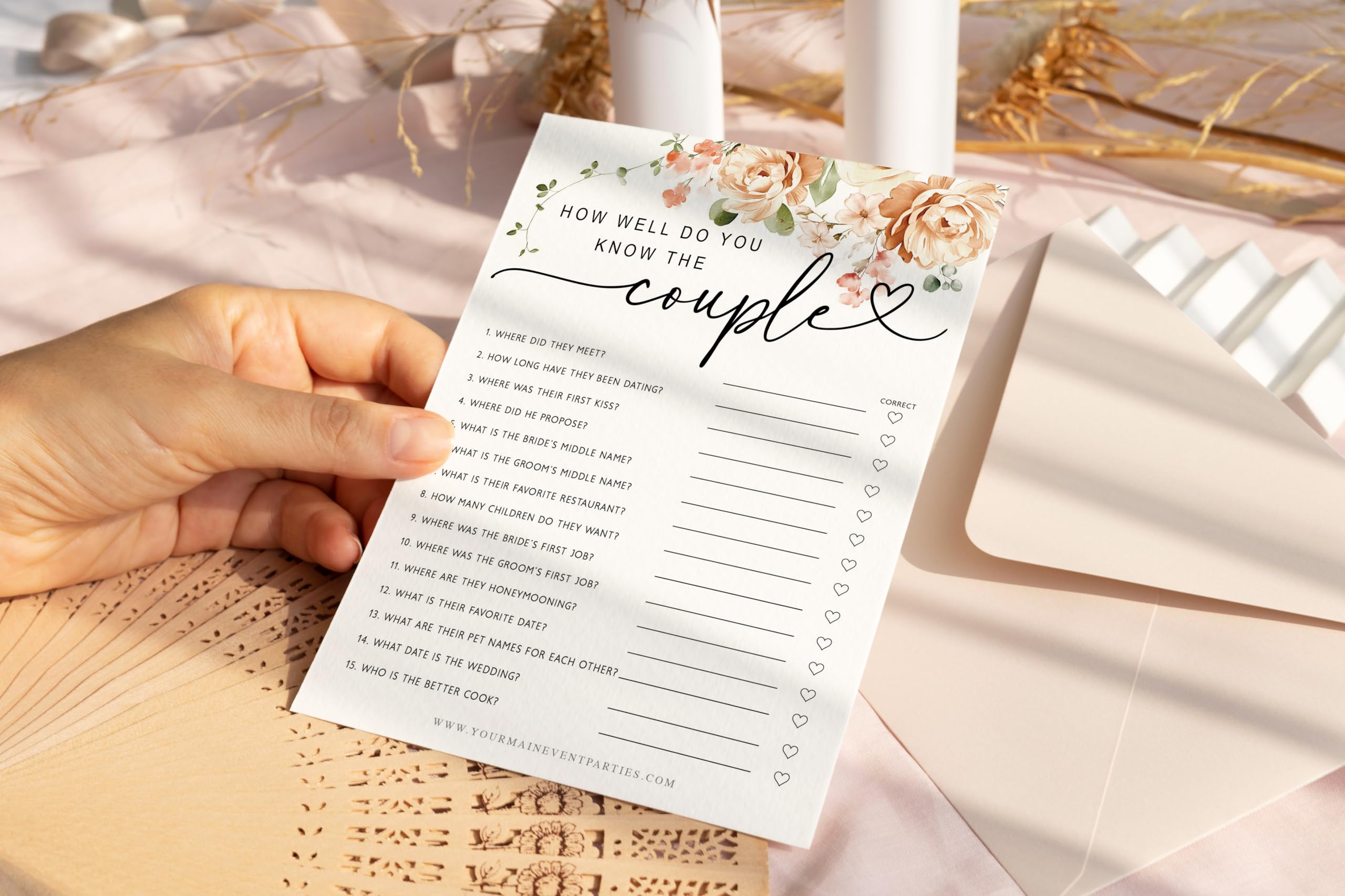 Your Main Event Prints 50 Pack of Bridal Shower Games, How Well Do You Know The Couple and Who Knows The Bride Best, Floral Modern Minimalistic Design.