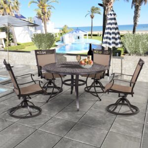 5 Piece Aluminum Patio Dining Set, 4 Textilene Swivel Rocker Chairs and 48 inch Round Alum Casting Table with Umbrella Hole, All-Weather Outdoor Furniture Set for Backyard, Patio, Lawn, Garden