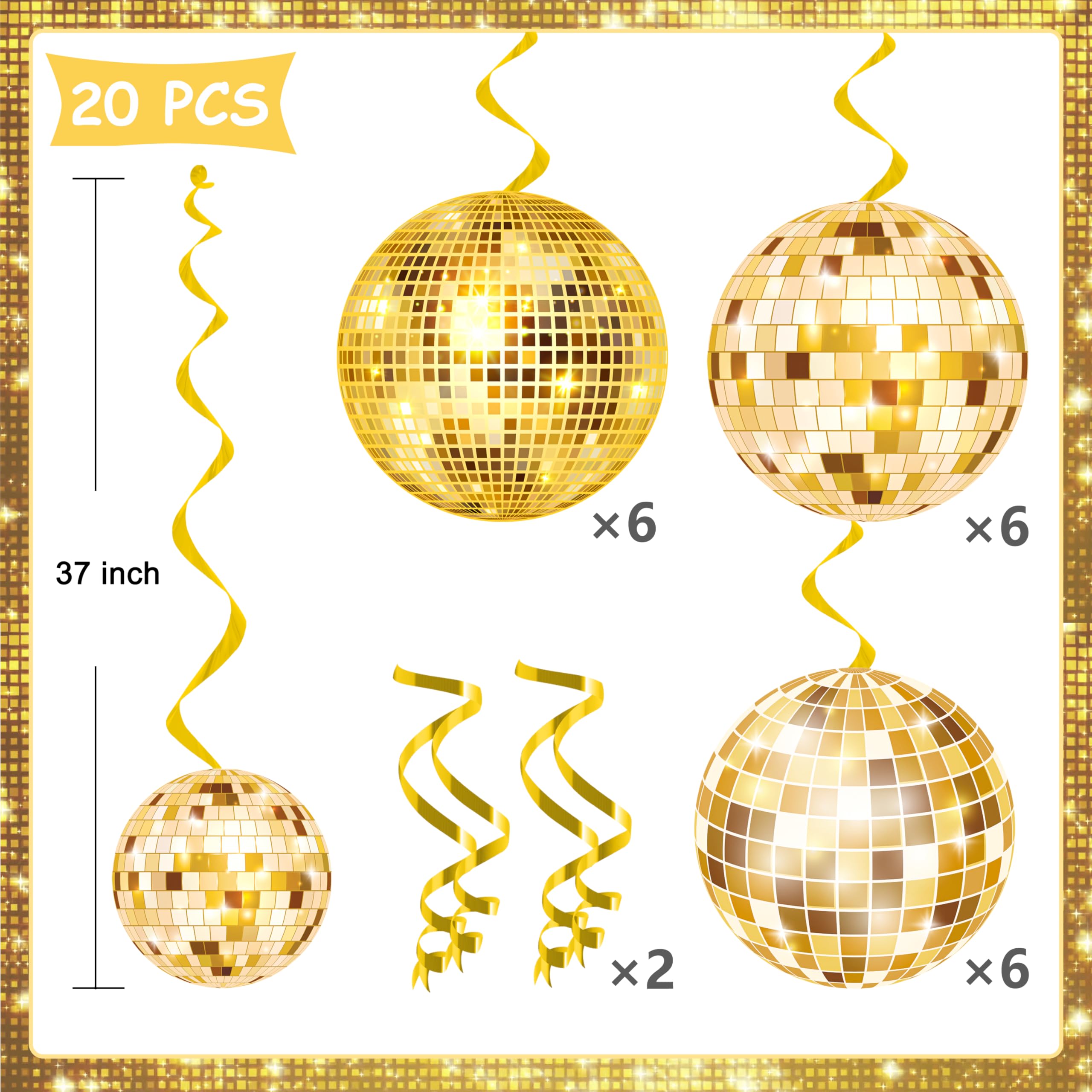 20Pcs Gold Disco Ball Hanging Swirls 70s Disco Birthday Party Decoration Gold Disco Ball Themed Swirl Ceiling Hanging Streamers for 70s 80s Party Decoration Disco Fever Party Supplies(Paper)