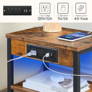 HOOBRO End Table with Charging Station and LED Lights, Small Side Table with Storage Shelves, 3-Tier LED Nightstand for Small Space in Living Room, Bedroom, Rustic Brown BF112UDBZ01