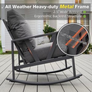 COMLAX FIELD Patio Porch Furniture Set, Patio Outdoor Rocking Chairs Set of 2 with Coffee Table, 3 Piece Metal Outdoor Patio Furniture Set, Small Patio Bistro Conversation Set, Grey