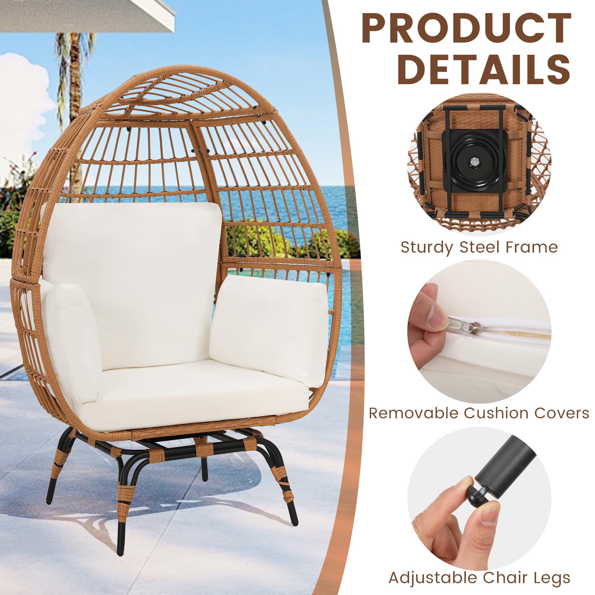 Murago Oversized 360 Swivel Rattan Egg Chair for Adult, Indoor Large Wicker Egg Chair, Outdoor Patio Rattan Egg Chair with overstuffed Cushions, Natural Rattan with Beige Cushion