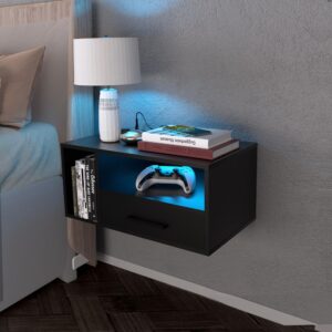 bloddream floating nightstand with charging station and led light strips, 21.3" night stand with drawers, floating bedside with usb ports and outlets, bedroom furniture, black