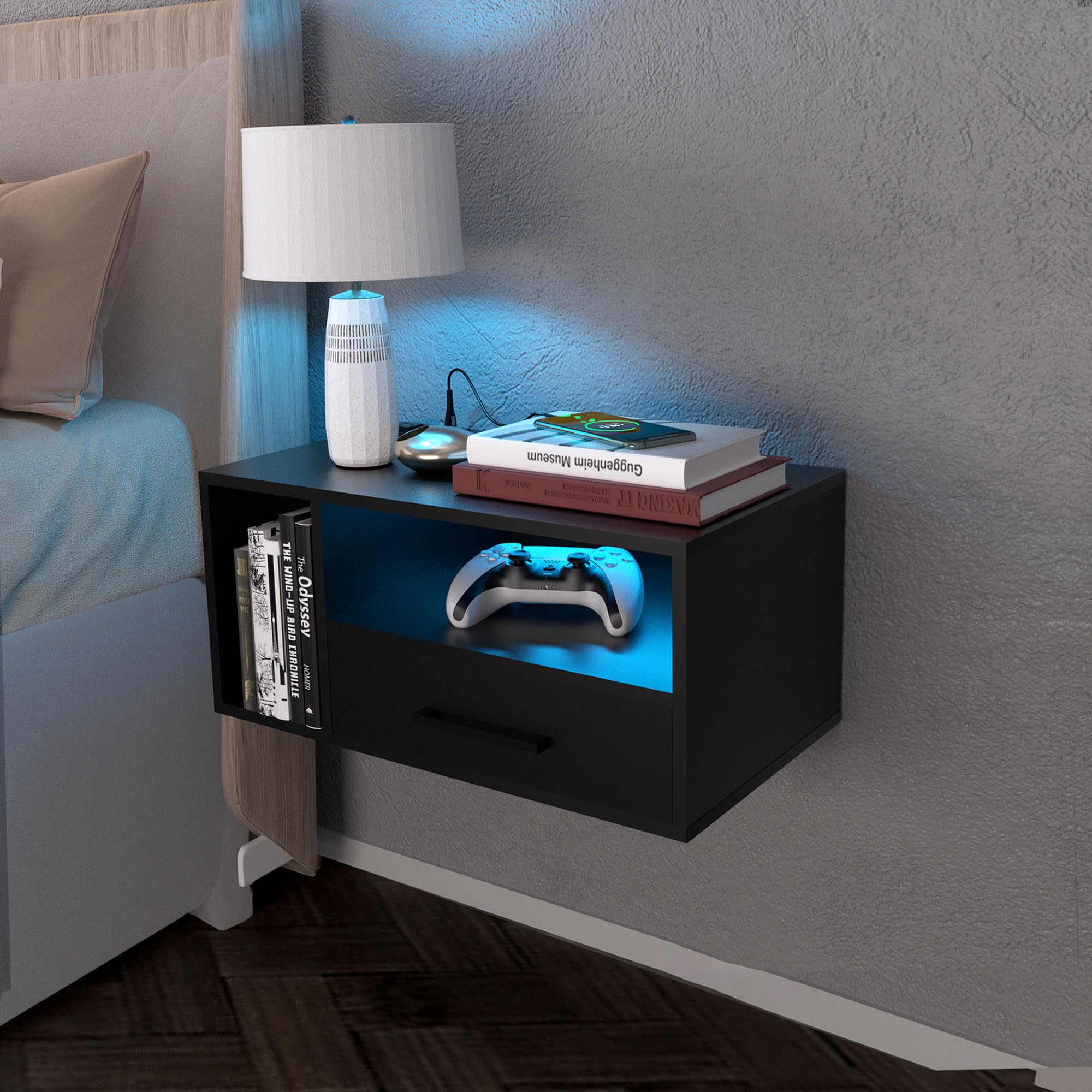 Bloddream Floating Nightstand with Charging Station and LED Light Strips, 21.3" Night Stand with Drawers, Floating Bedside with USB Ports and Outlets, Bedroom Furniture, Black