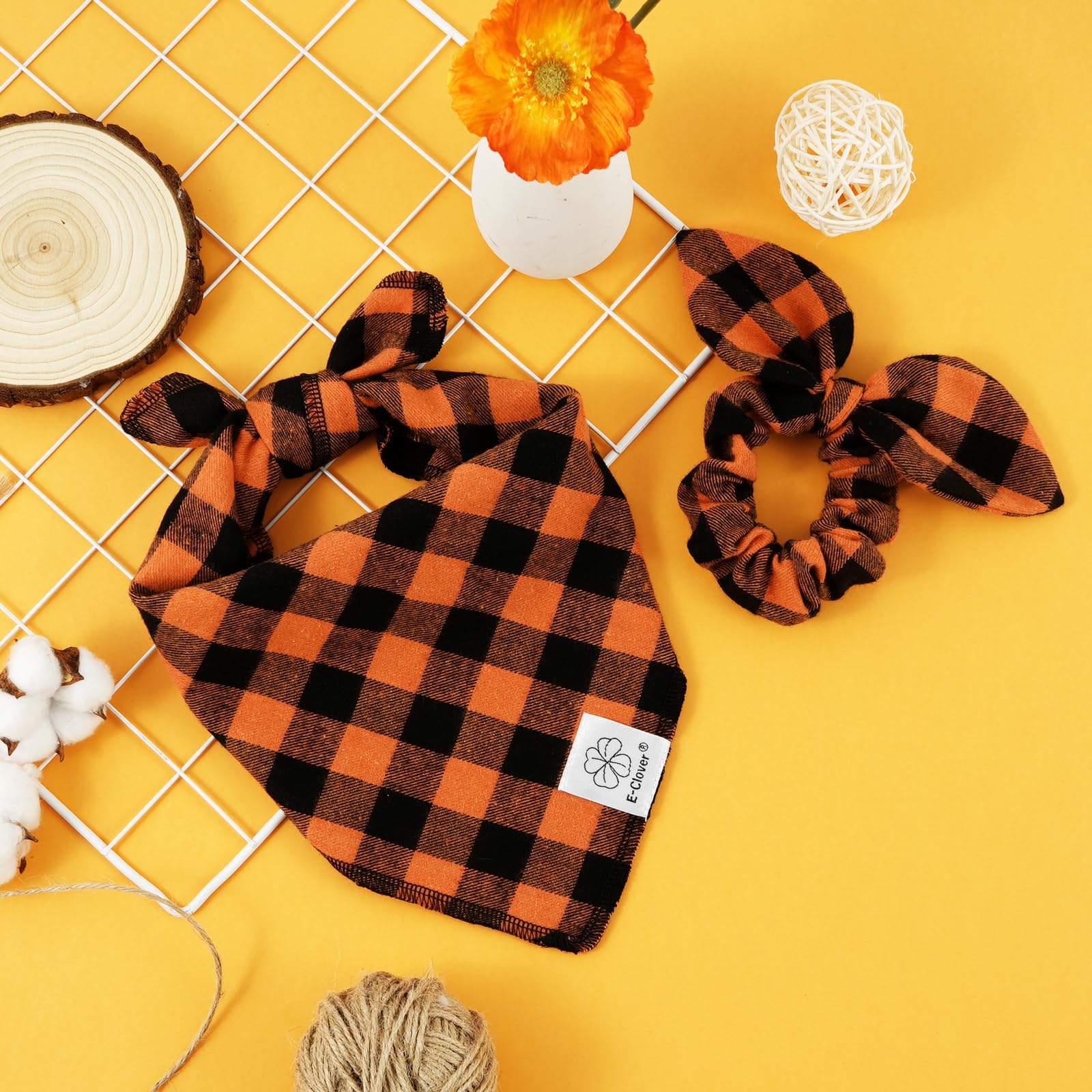 E-Clover Fall Dog Bandana & Matching Scrunchie-Thanksgiving Dog Bandanas Plaid Pet Scarf Bib for Medium Large Dogs Girl Boy Owner Gift Orange Black