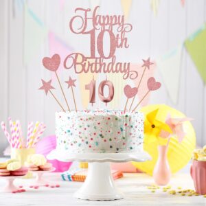 Lecferrarc 10th Birthday Cake Decorations, 10th Birthday Candles Cake Numeral Candles and Glitter Happy 10th Birthday Cake Toppers Set for Birthday Party Supplies (Rose Gold)