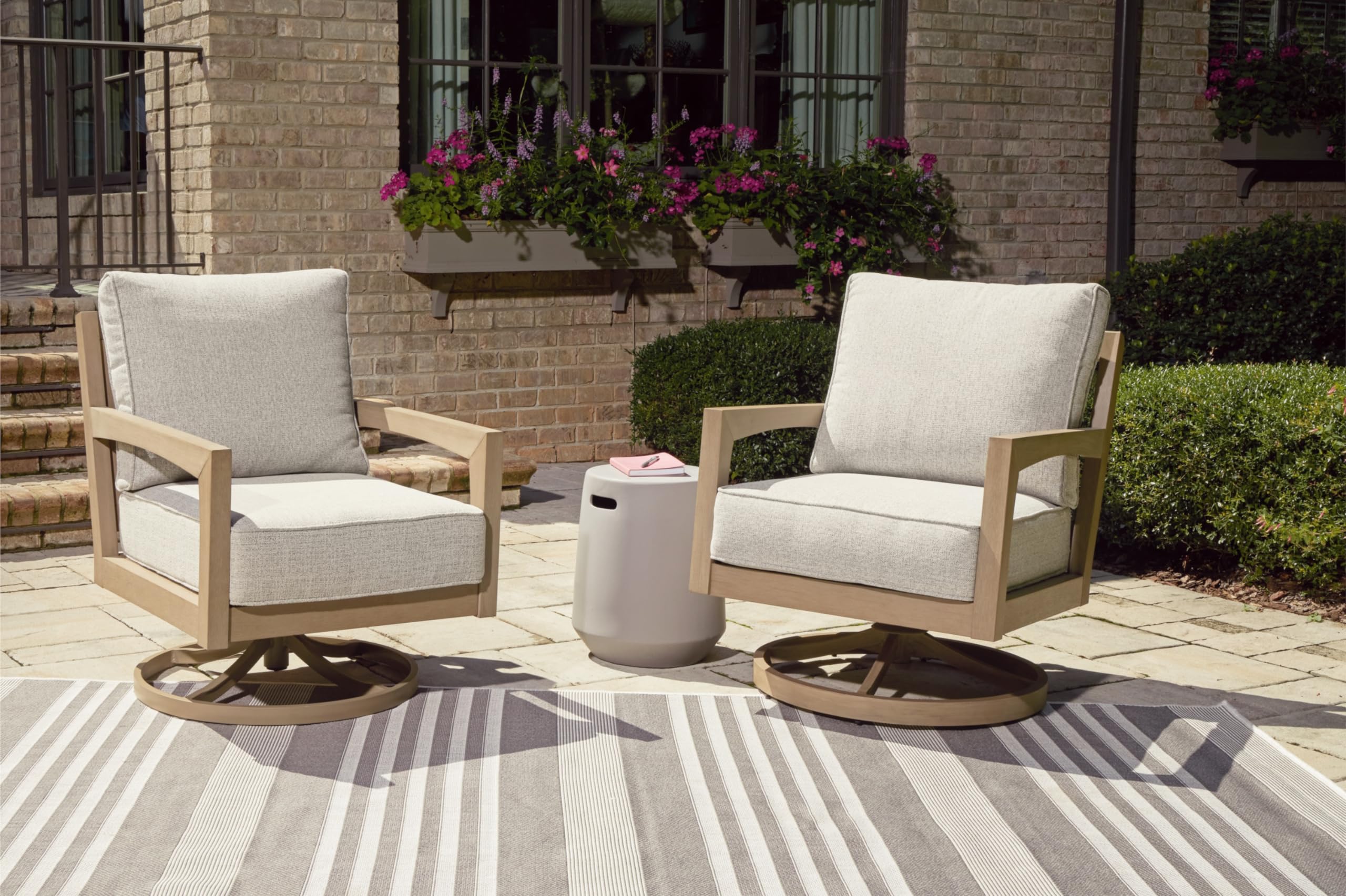 Signature Design by Ashley Hallow Creek Cottage Weather Resistant Outdoor Swivel Lounge with Cushion, Light Brown & Beige