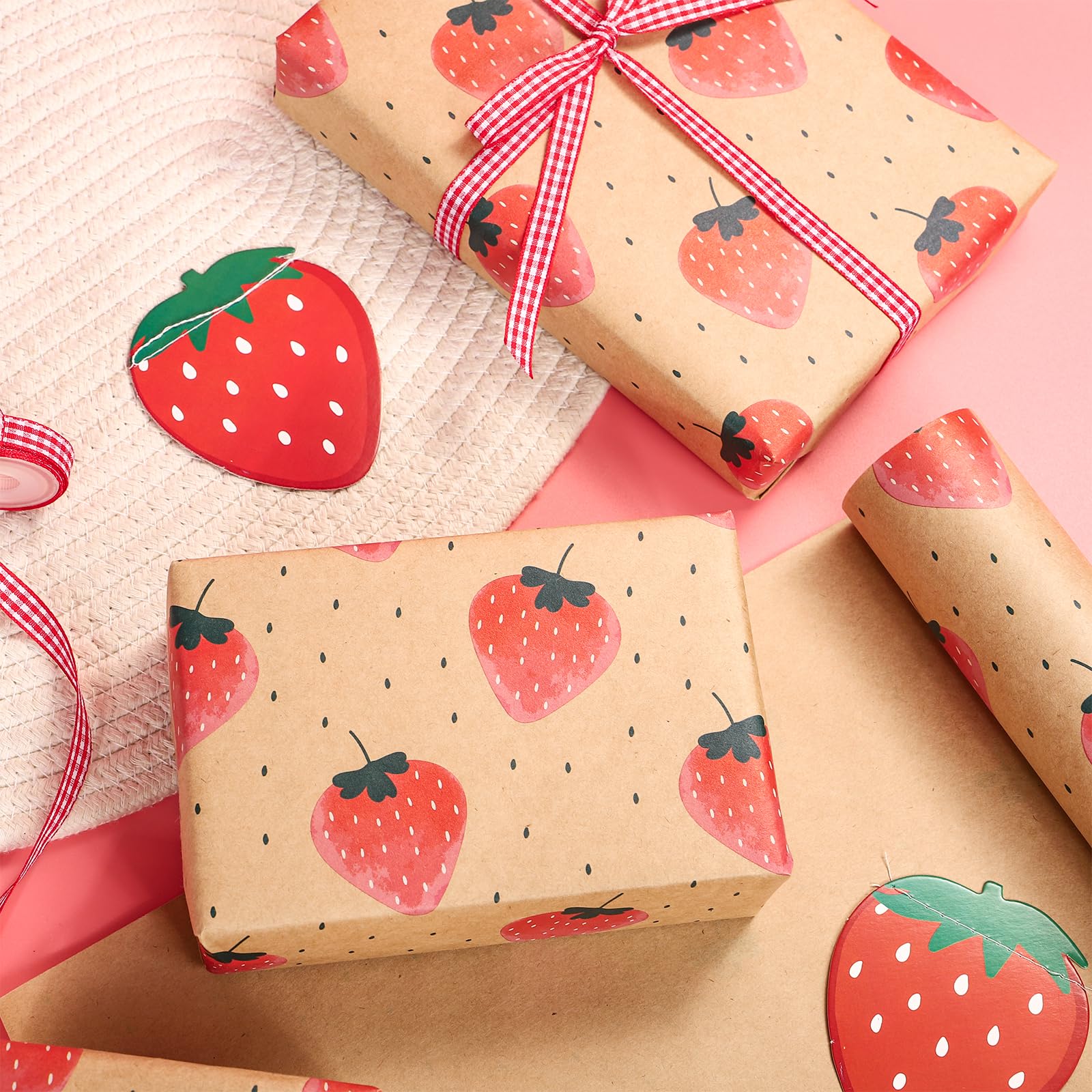 RUSPEPA Kraft Wrapping Paper Roll - Mini Roll - Strawberry Design Great for Birthday, Party, Baby Shower - 17 Inches X 32.8 Feet