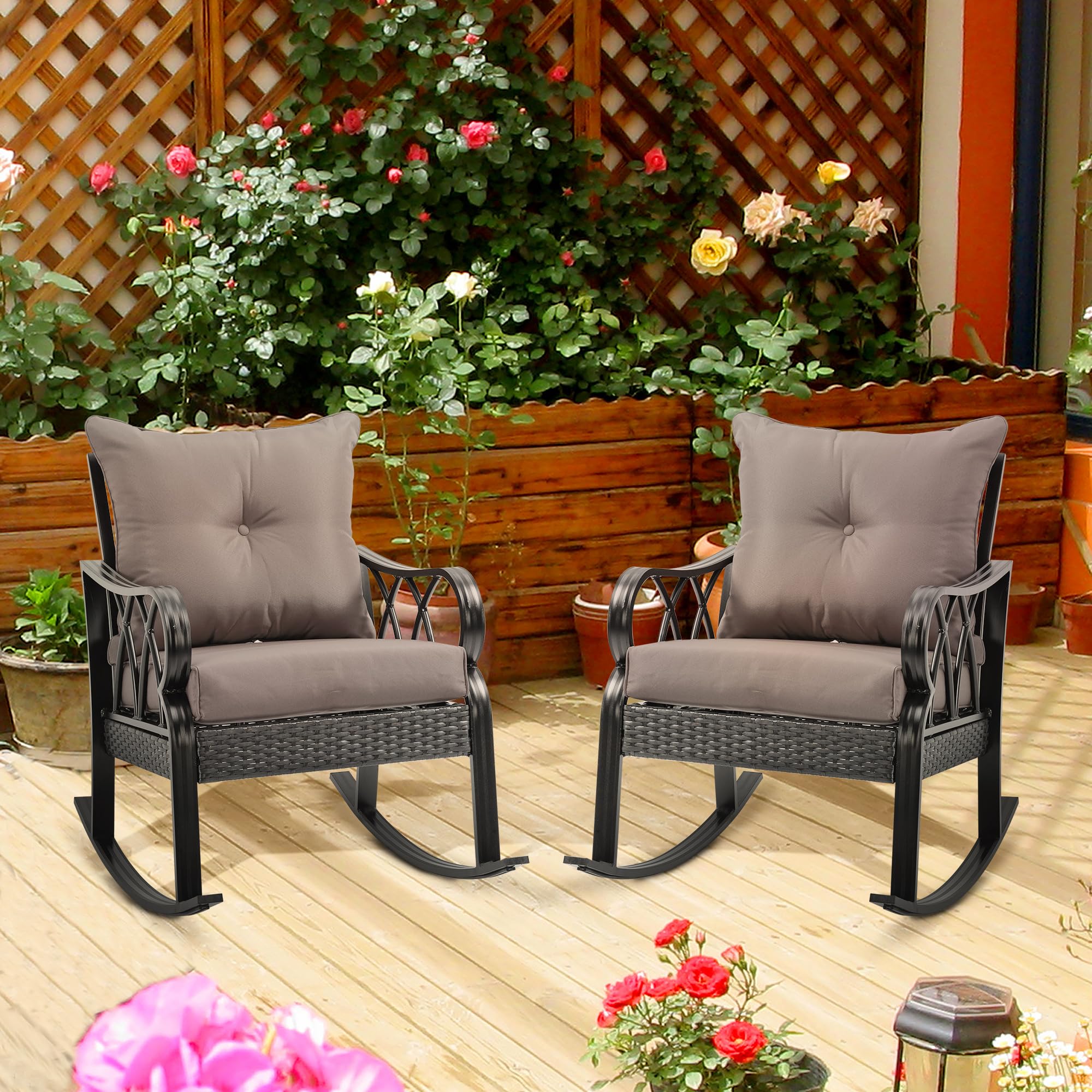 Outsunny 2 Piece Outdoor Wicker Rocking Chairs with Padded Cushions, Aluminum Furniture Rattan Porch Rocker Chairs w/Armrest for Garden, Patio, and Backyard, Gray