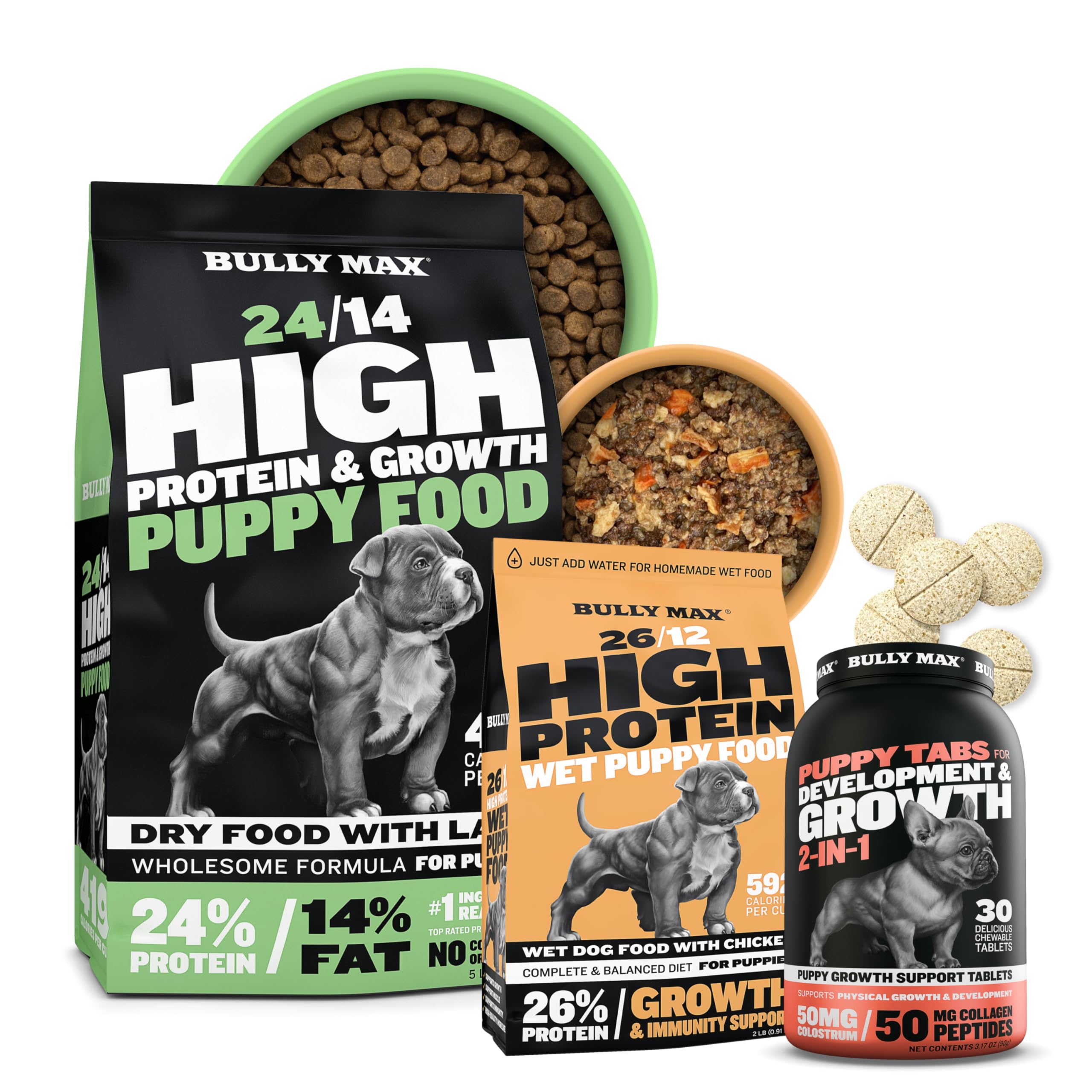 Bully Max Complete Puppy Nutrition Bundle - Dry Puppy Food (5lb Bag), Dehydrated Wet Dog Food (2lb Bag) & Chewable Vitamin (30 Tabs) for Small & Large Breed Puppies - for Growth, Health & Immunity