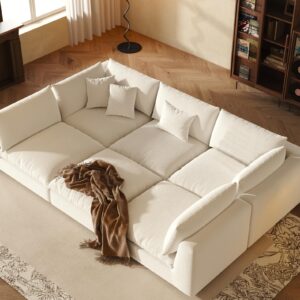 Fajiani Oversized Modular Sectional Sofa,Cloud Couch Sectional Deep Seat Sofa Linen Upholstered Oversized Sectional Couches for Living Room(156 inch 6 Seater-White)