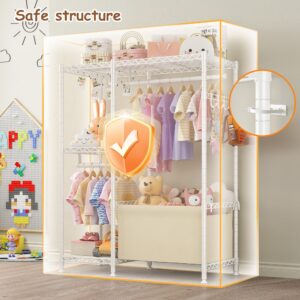 Raybee Small Clothes Rail for Bedroom, Clothes Rack with Storage Basket, Petite Portable Hanging Rails for Clothes with Shelves, 55.1" H * 37.8" W * 13.4" D, White