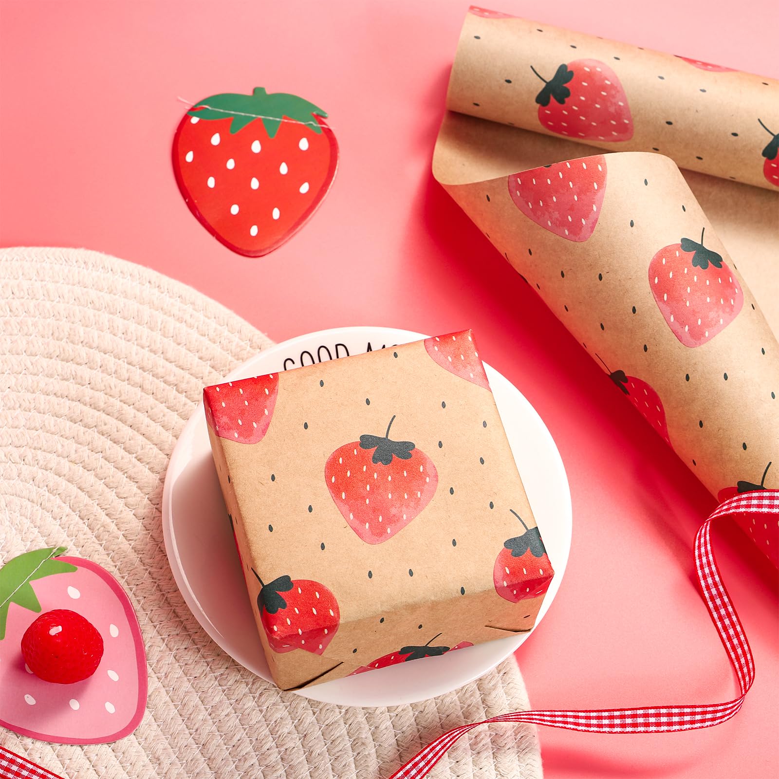 RUSPEPA Kraft Wrapping Paper Roll - Mini Roll - Strawberry Design Great for Birthday, Party, Baby Shower - 17 Inches X 32.8 Feet