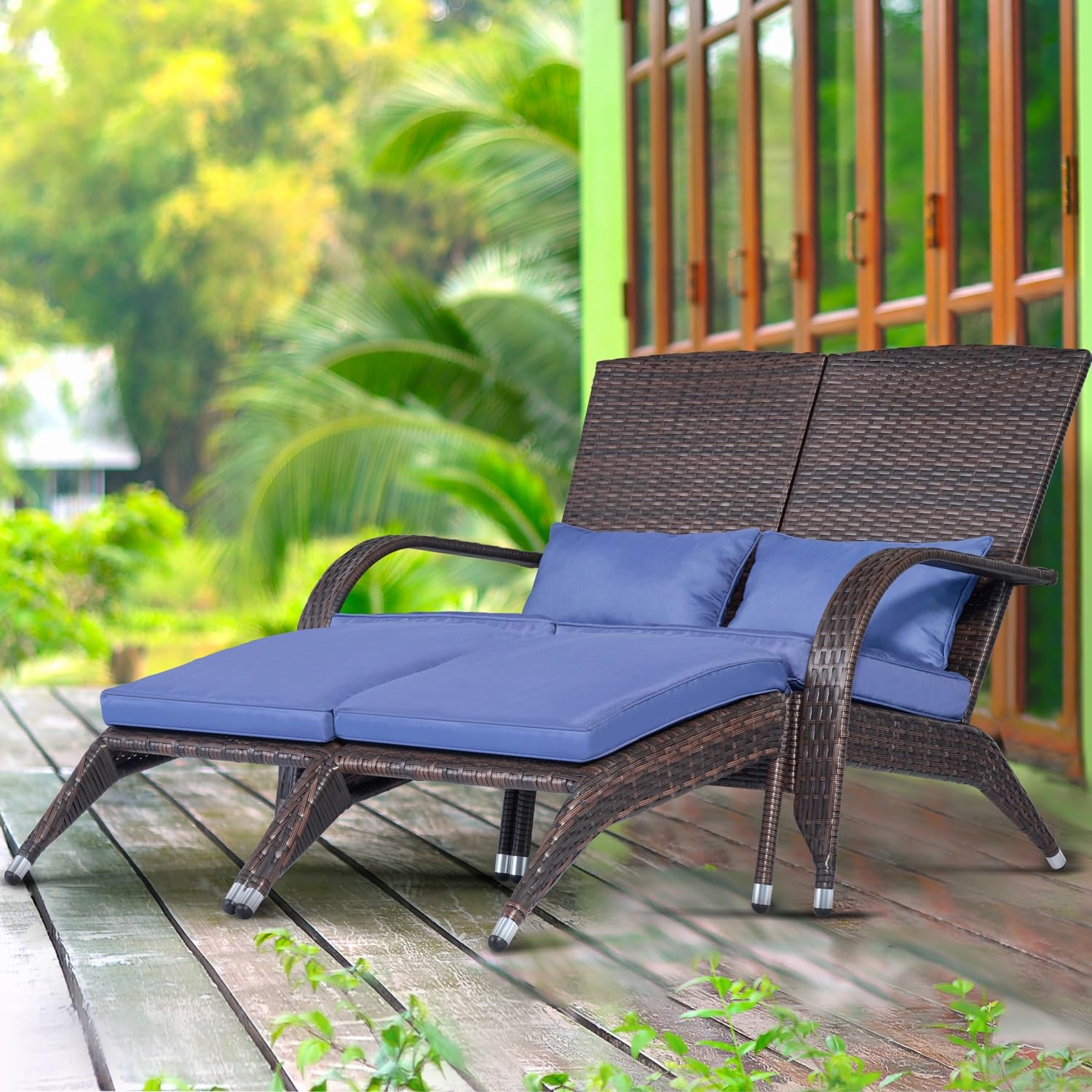 Outdoor Patio Wicker Adirondack Loveseat Bench Outside Small Loveseat Sofa Couch Rattan Fire Pit Chairs Comfy Patio Chair Low Deep Seating High Back with Ottoman Cushion for Porch Backyard Deck Navy