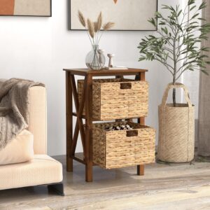 Giantex 2-Tier Nightstand with Wicker Baskets Set of 2, Wooden X-Design Side Table End Table, Beside Table with Acacia Wood Legs, Mid Century Accent Storage Cabinet for Small Spaces, Bedroom, Walnut