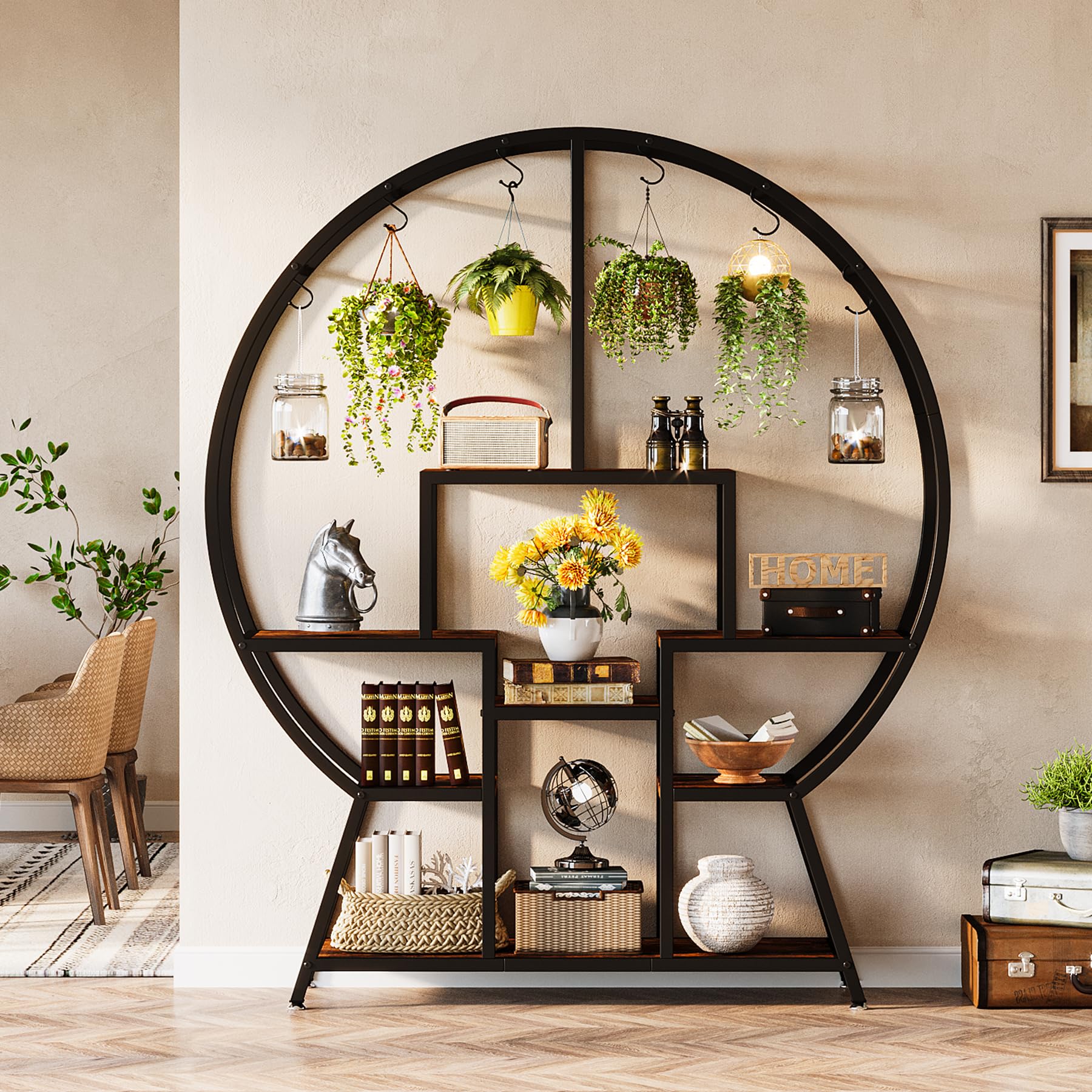 Tribesigns 65" Large Bookshelf Bookcase, Industrial Round Etagere Bookshelves with 7-Tier Storage Shelving, Open Display Shelves Wood Plant Stand for Living Room, Bedroom, Home Office