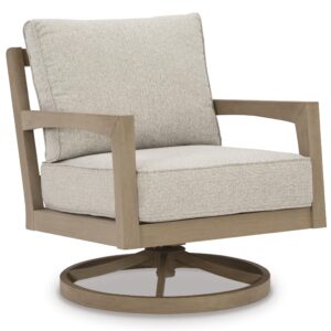 Signature Design by Ashley Hallow Creek Cottage Weather Resistant Outdoor Swivel Lounge with Cushion, Light Brown & Beige