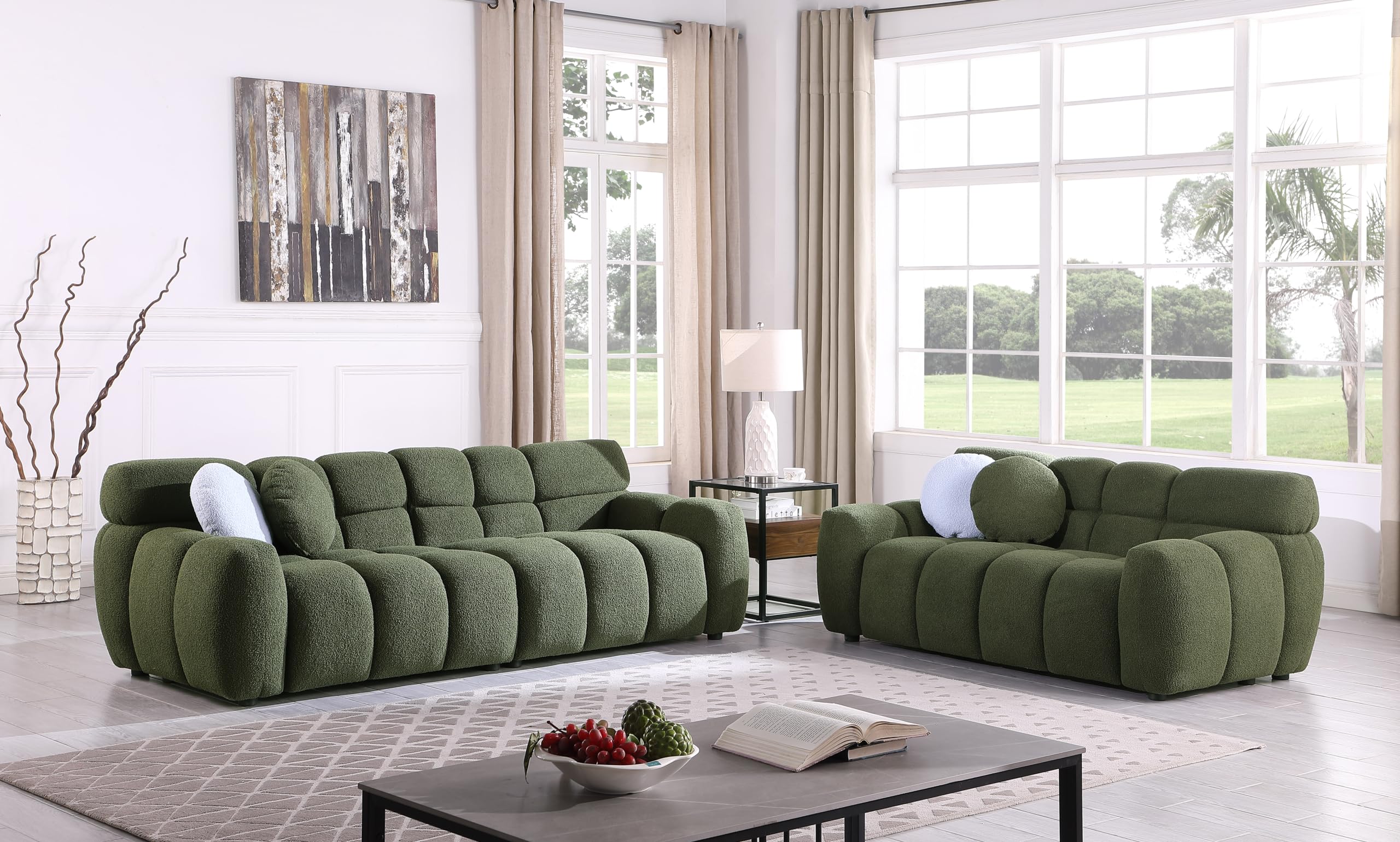 Wrofly 2 Piece Boucle Sofa Couch Set, Comfy Upholstered Sherpa Deep Seat Cloud Couch and Loveseat, Modern Tufted 3 Seater and 2 Seater Love Seat Sofa for Living Room Apartment, Olive Green