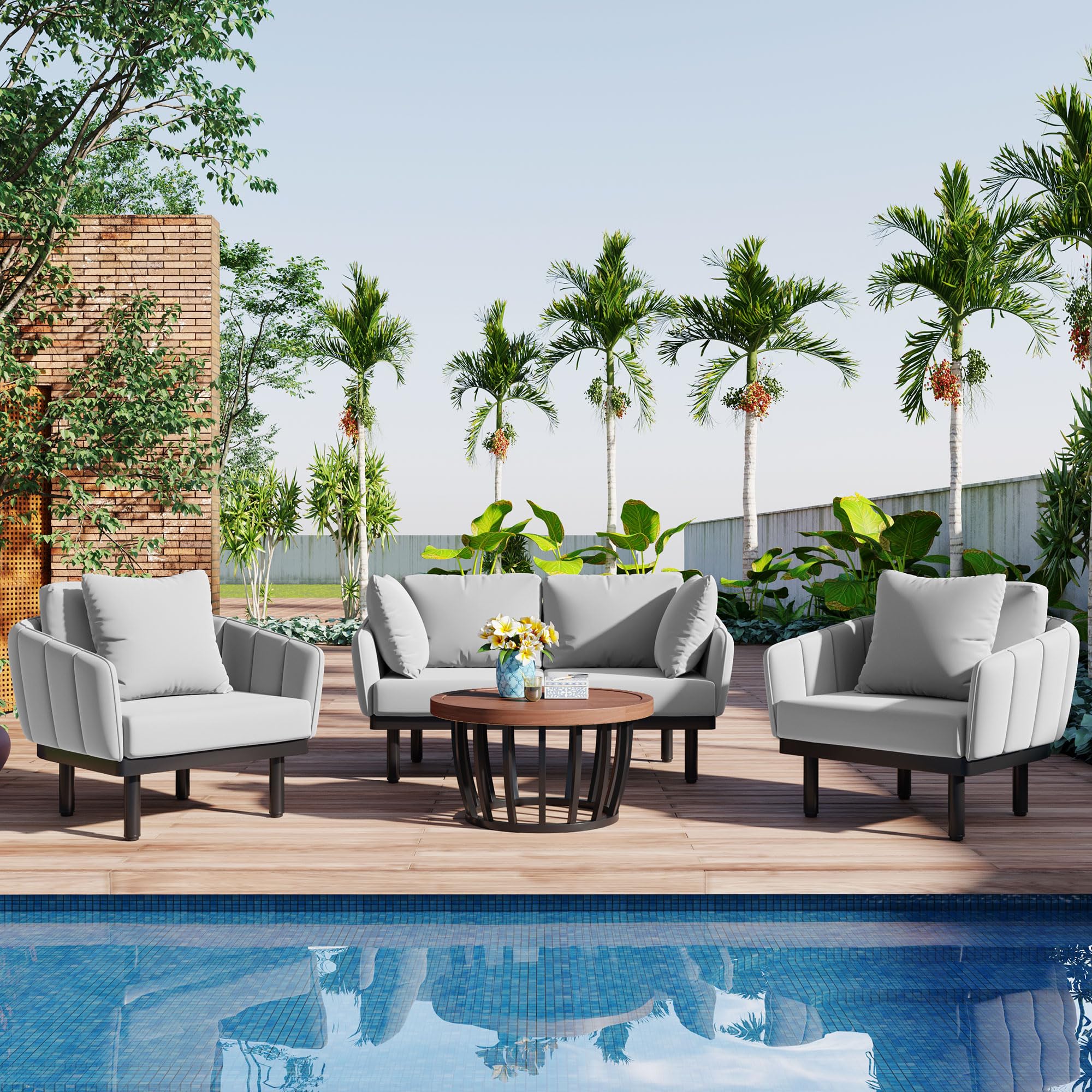 Merax 4-Piece Outdoor Patio Furniture Set with Acacia Wood Round Conversation Coffee Table, Comfy Loveseat and 2 Armchairs, Outside Sectional Sofa & Solid Iron Frame for Backyard, Poolside, Gray