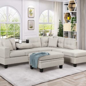 Yoglad Living Room Furniture Set, Sectional 5-Seater Sofa with Reversible Chaise, Corner Sofa Set with Ottoman, L Shaped Couch for Apartment, Living Room (104.5 Inch Linen, Light Gray)