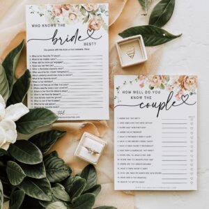 Your Main Event Prints 50 Pack of Bridal Shower Games, How Well Do You Know The Couple and Who Knows The Bride Best, Floral Modern Minimalistic Design.