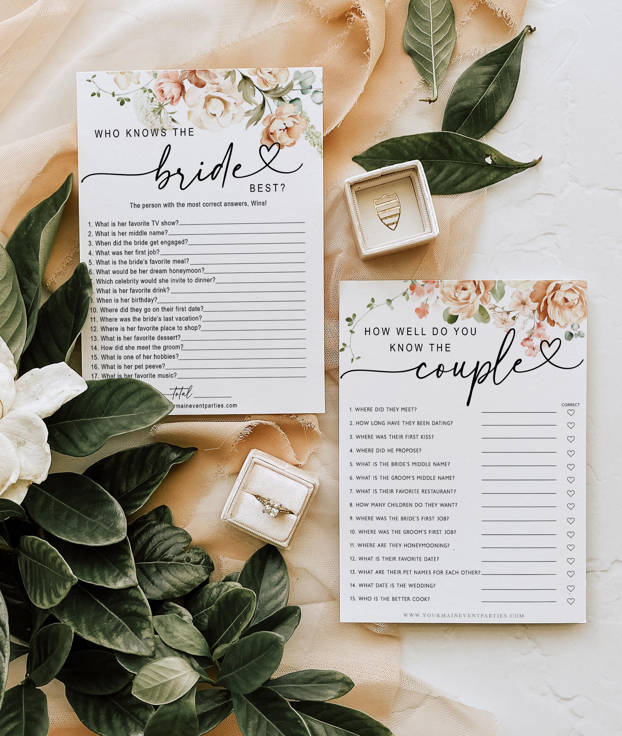 Your Main Event Prints 50 Pack of Bridal Shower Games, How Well Do You Know The Couple and Who Knows The Bride Best, Floral Modern Minimalistic Design.