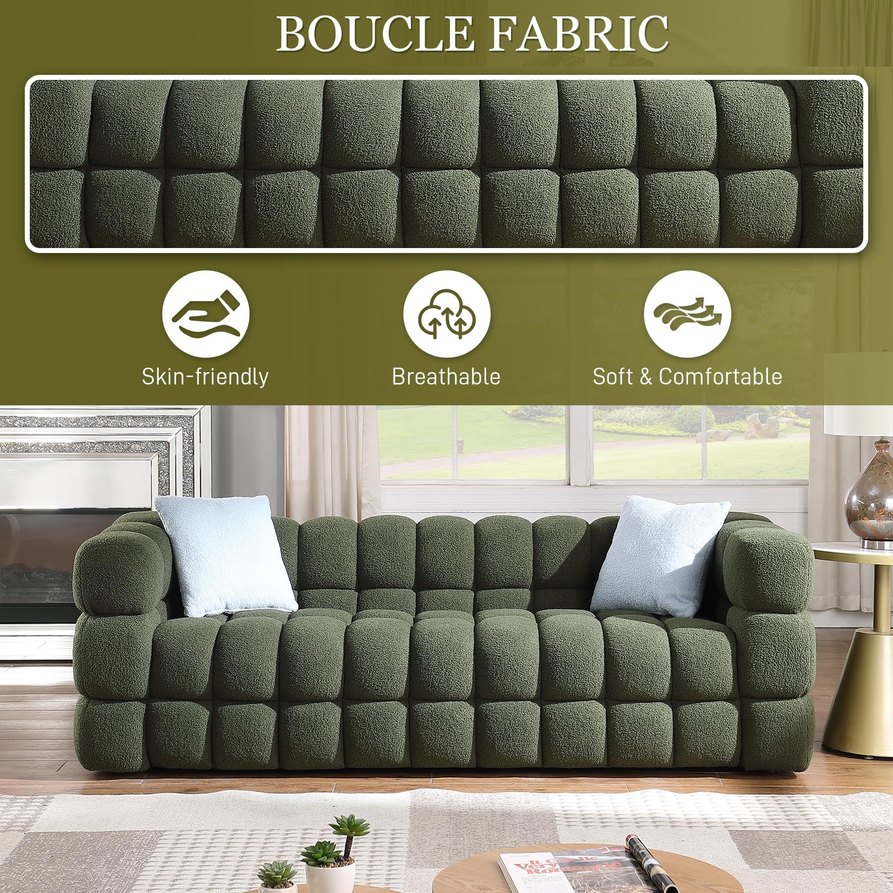 Wrofly Boucle Sofa Couch, 84.3" Comfy Upholstered Sherpa Deep Seat Cloud Couch, Cozy Modern Tufted 3 Seater Couch with 2 Pillows for Living Room Apartment Office, Olive Green