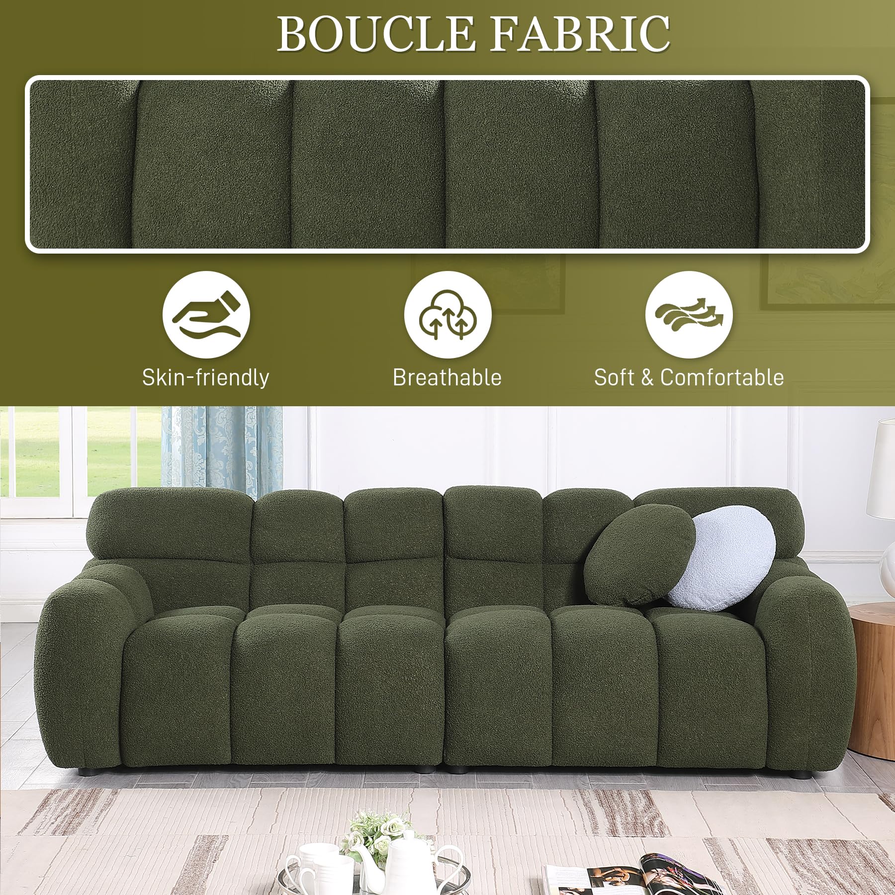 Wrofly 86.5" Boucle Sofa Couch, Comfy Upholstered Sherpa Deep Seat Cloud Couch, Cozy Modern Tufted 3 Seater Couch with 2 Pillows for Living Room Apartment Office, Olive Green