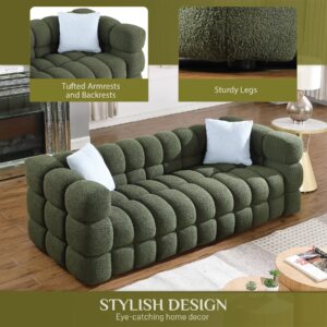 Wrofly Boucle Sofa Couch, 84.3" Comfy Upholstered Sherpa Deep Seat Cloud Couch, Cozy Modern Tufted 3 Seater Couch with 2 Pillows for Living Room Apartment Office, Olive Green