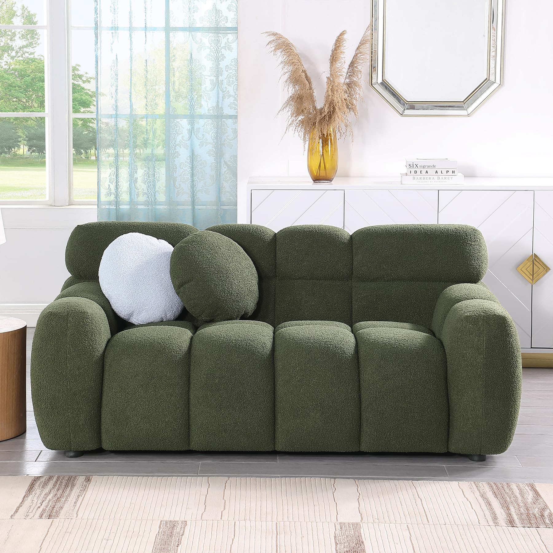 Wrofly 2 Piece Boucle Sofa Couch Set, Comfy Upholstered Sherpa Deep Seat Cloud Couch and Loveseat, Modern Tufted 3 Seater and 2 Seater Love Seat Sofa for Living Room Apartment, Olive Green