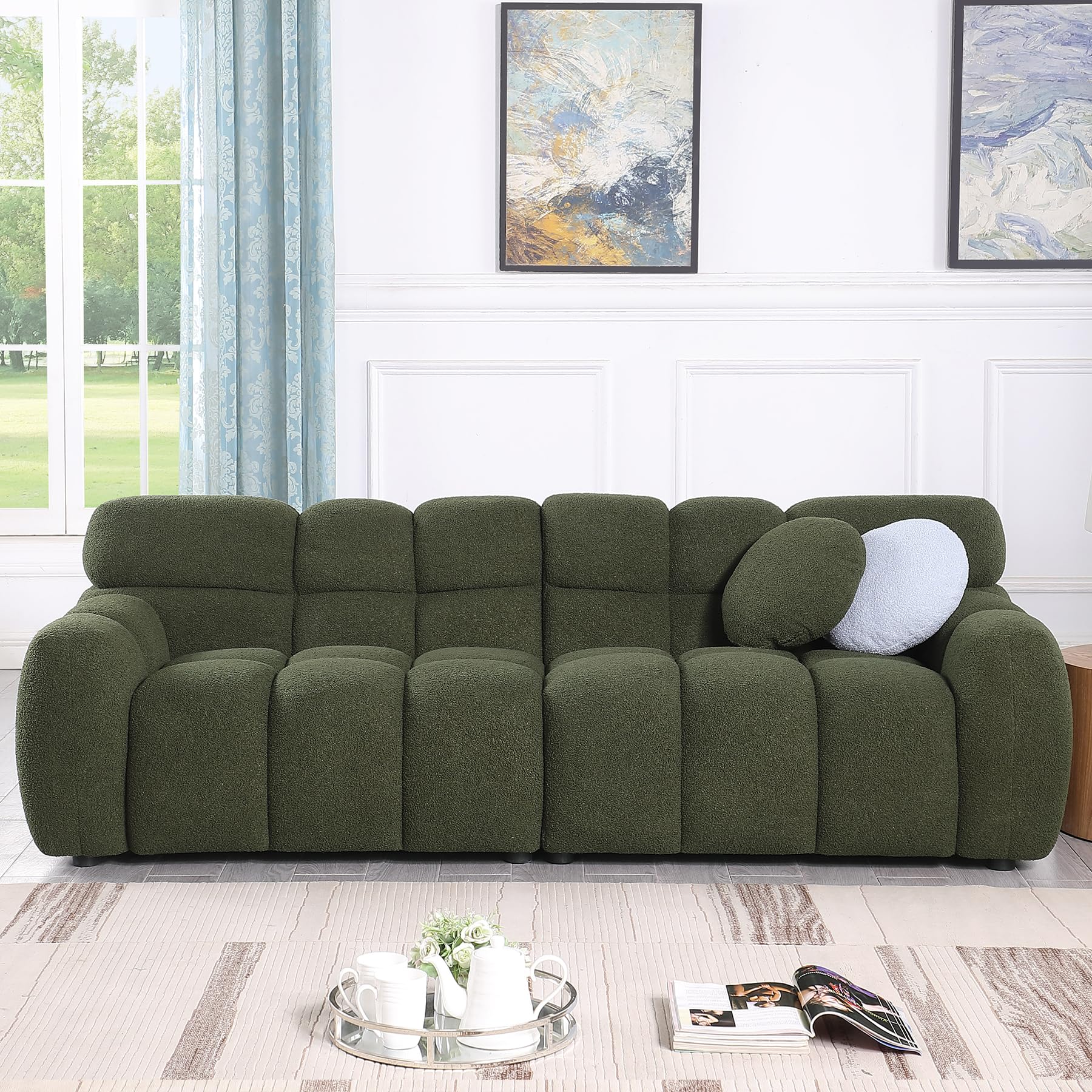 Wrofly 2 Piece Boucle Sofa Couch Set, Comfy Upholstered Sherpa Deep Seat Cloud Couch and Loveseat, Modern Tufted 3 Seater and 2 Seater Love Seat Sofa for Living Room Apartment, Olive Green