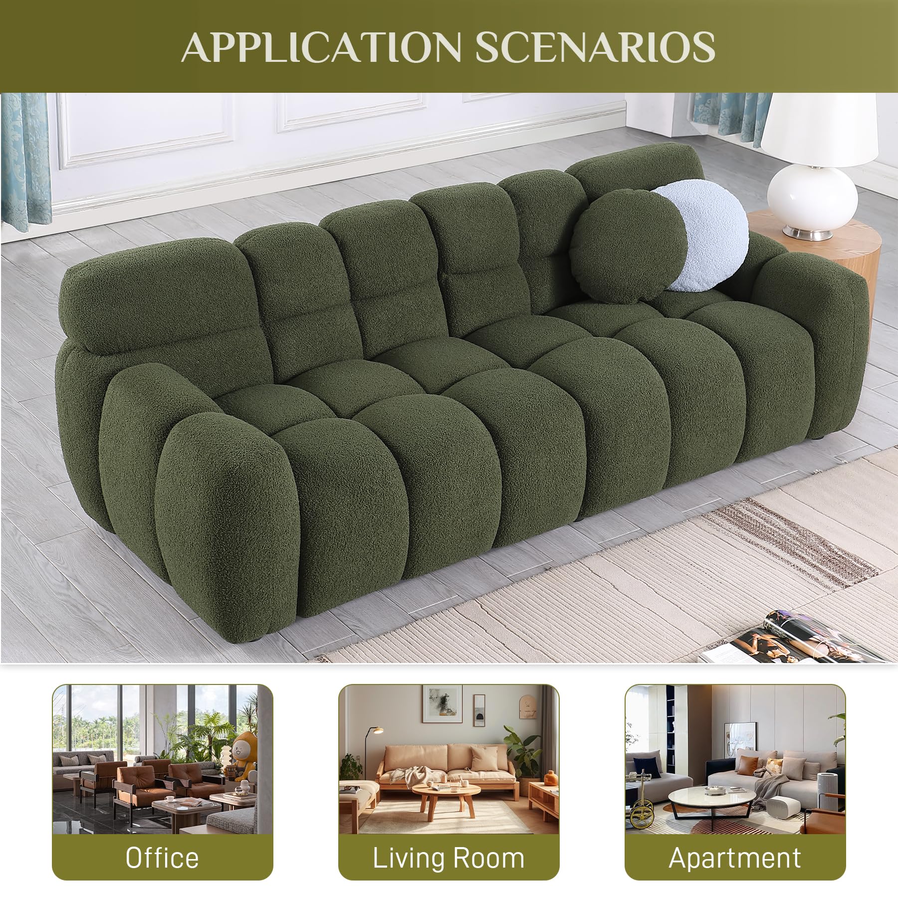 Wrofly 86.5" Boucle Sofa Couch, Comfy Upholstered Sherpa Deep Seat Cloud Couch, Cozy Modern Tufted 3 Seater Couch with 2 Pillows for Living Room Apartment Office, Olive Green