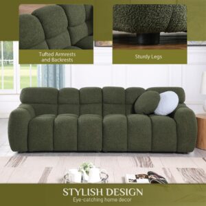 Wrofly 86.5" Boucle Sofa Couch, Comfy Upholstered Sherpa Deep Seat Cloud Couch, Cozy Modern Tufted 3 Seater Couch with 2 Pillows for Living Room Apartment Office, Olive Green