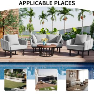 Merax 4-Piece Outdoor Patio Furniture Set with Acacia Wood Round Conversation Coffee Table, Comfy Loveseat and 2 Armchairs, Outside Sectional Sofa & Solid Iron Frame for Backyard, Poolside, Gray