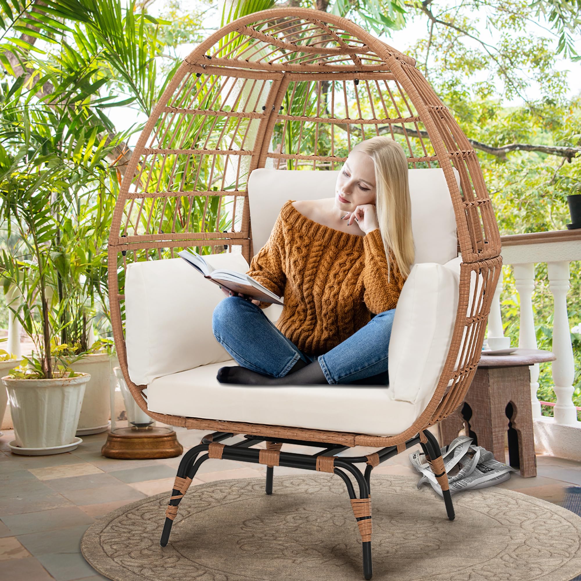 Murago Oversized 360 Swivel Rattan Egg Chair for Adult, Indoor Large Wicker Egg Chair, Outdoor Patio Rattan Egg Chair with overstuffed Cushions, Natural Rattan with Beige Cushion