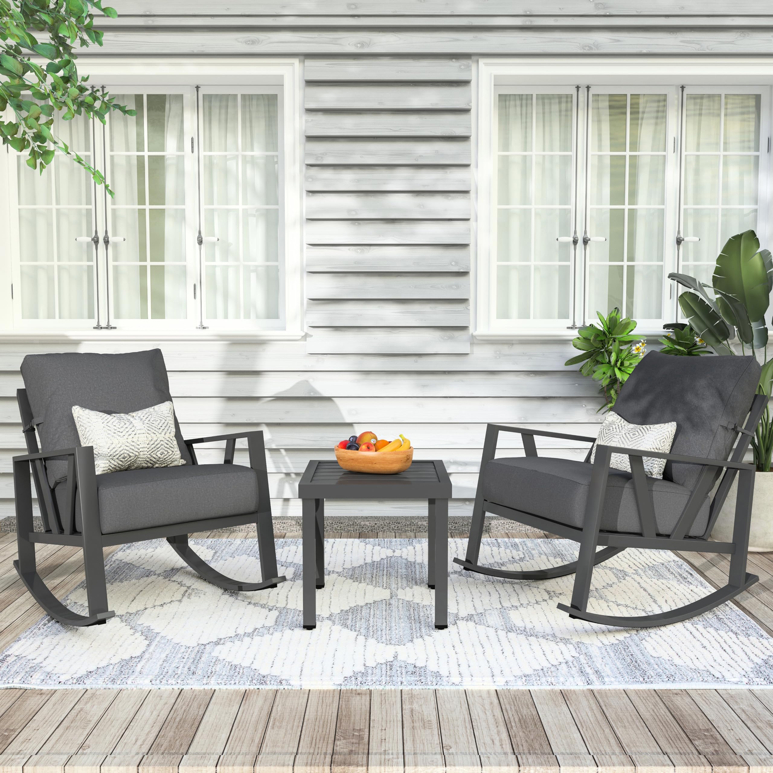 COMLAX FIELD Patio Porch Furniture Set, Patio Outdoor Rocking Chairs Set of 2 with Coffee Table, 3 Piece Metal Outdoor Patio Furniture Set, Small Patio Bistro Conversation Set, Grey