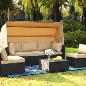 TITIMO 6 Pieces Patio Furniture Set Outdoor Conversation Set Daybed with Retractable Canopy Patio Sectional Rattan Sofa Set W/Adjustable Backrest and Table for Poolside (Brown)