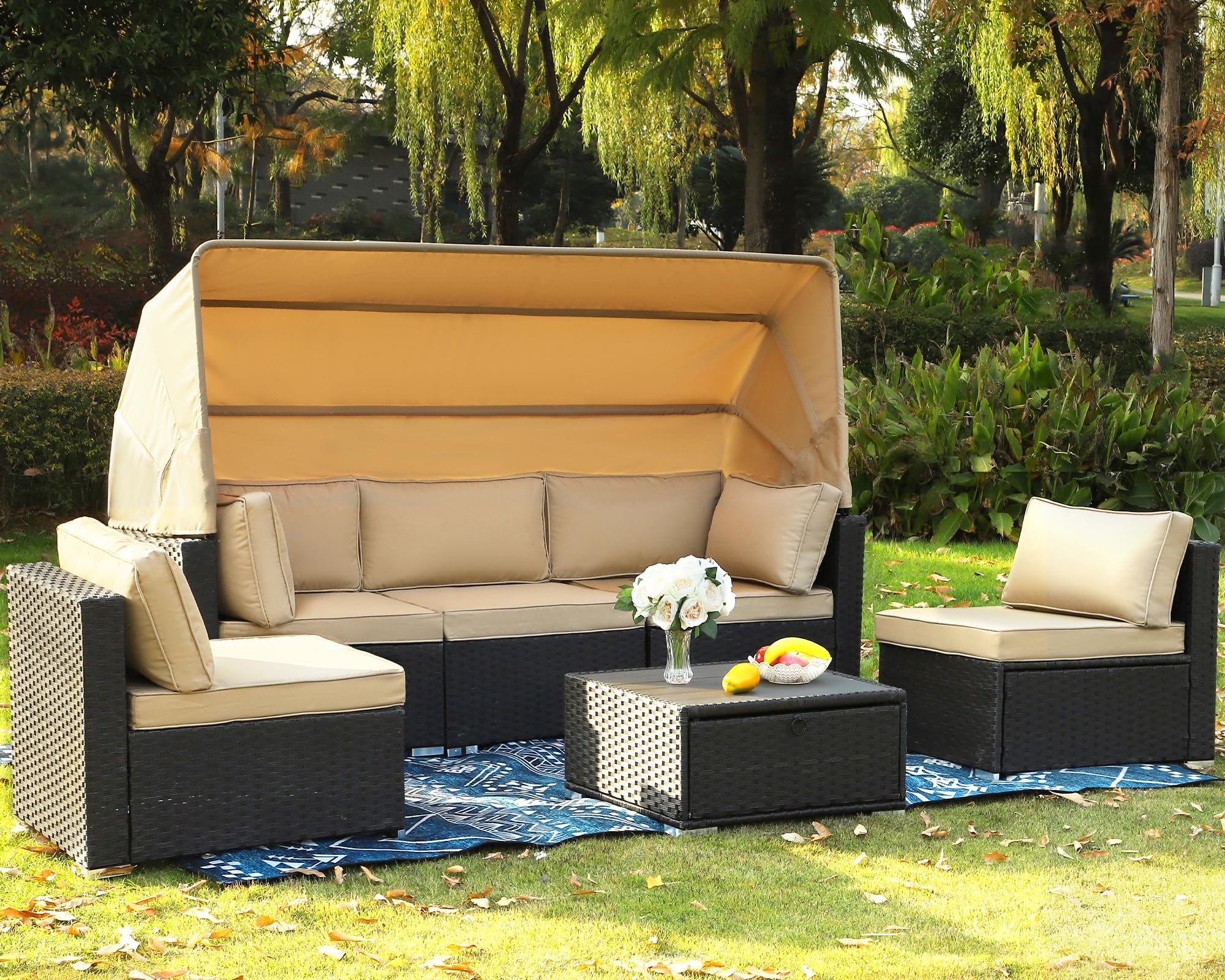 TITIMO 6 Pieces Patio Furniture Set Outdoor Conversation Set Daybed with Retractable Canopy Patio Sectional Rattan Sofa Set W/Adjustable Backrest and Table for Poolside (Brown)