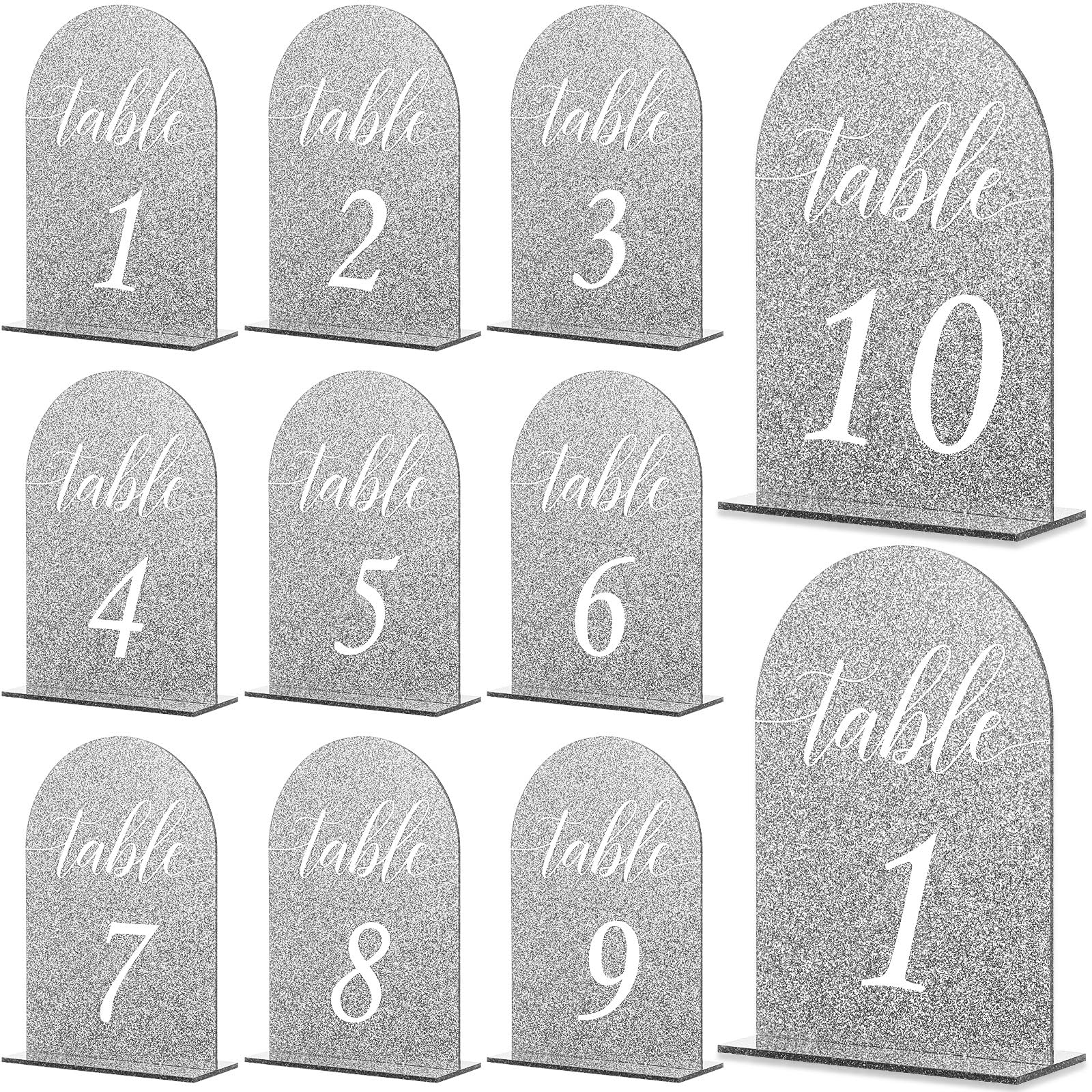 Geetery 10 Pcs Bling Table Numbers 1-10, Silver Acrylic Wedding Table Number with Stands, 5 x 7 Inch Table Number Holders, Glitter Table Sign Numbers for Wedding Reception, Event, Party