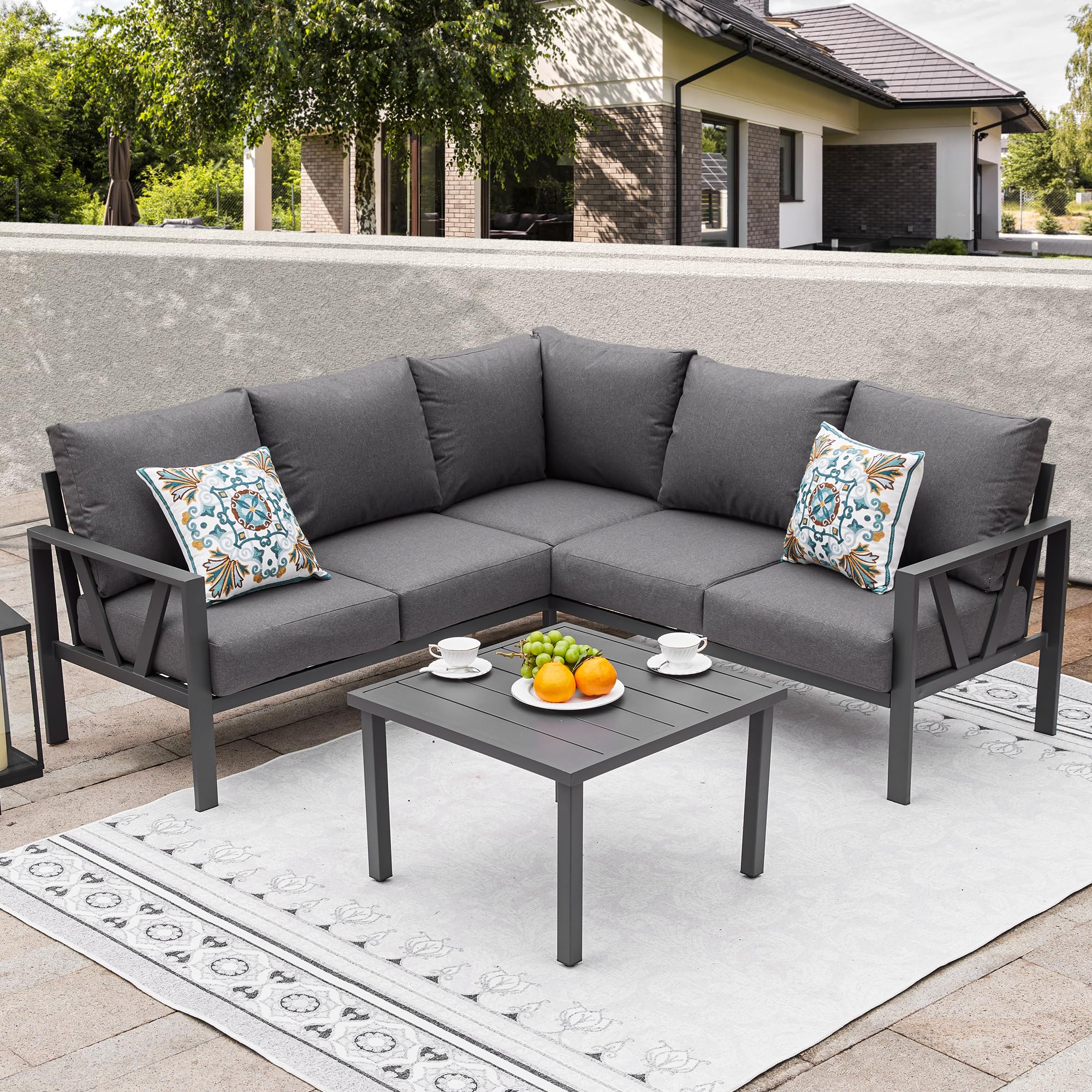 COMLAX FIELD Patio Furniture Set, 6 Pieces Outdoor Couch Sectional, L Shaped Patio Sofa, Metal Patio Couch Sectional with Side Table, Outdoor Seating Conversation Set, Grey