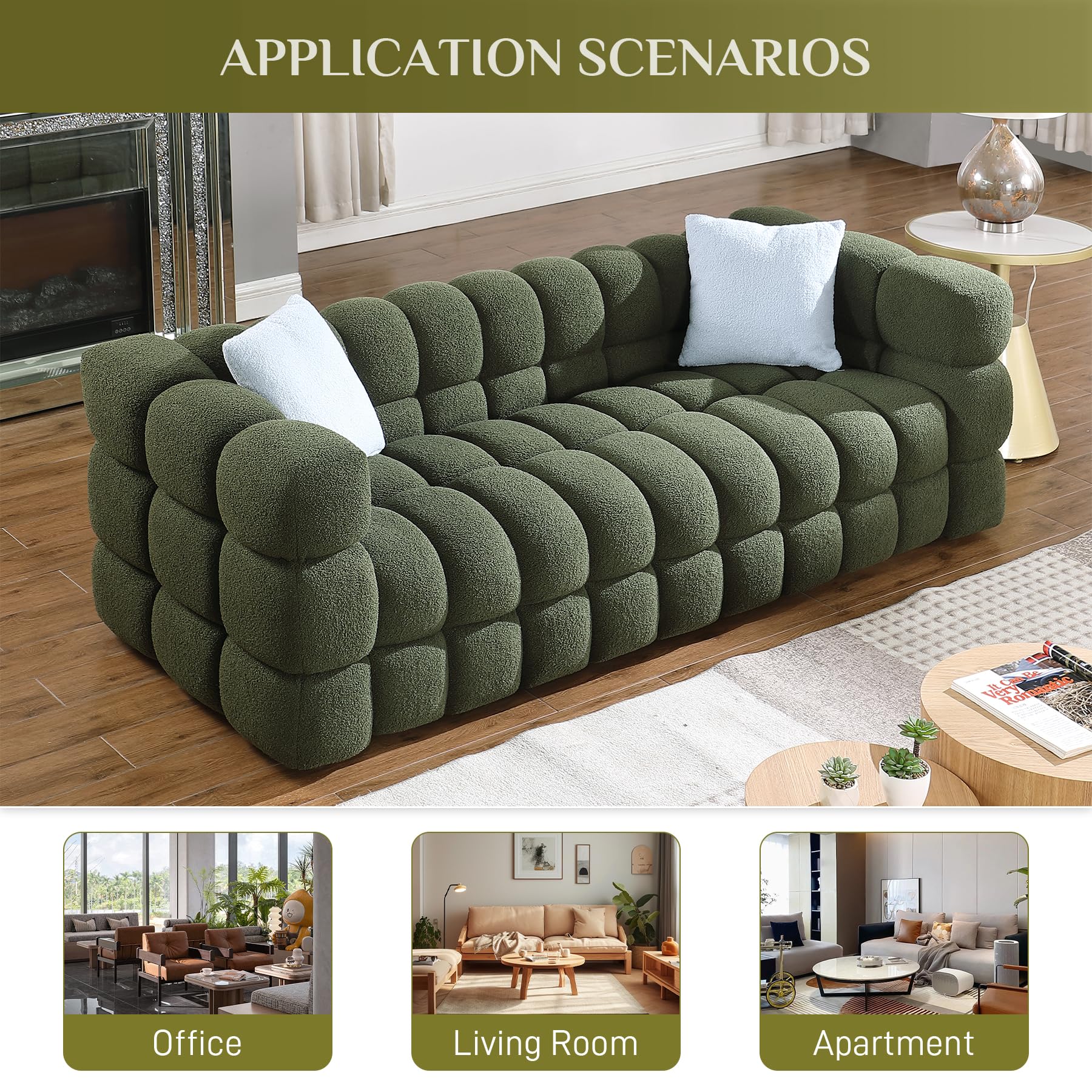 Wrofly Boucle Sofa Couch, 84.3" Comfy Upholstered Sherpa Deep Seat Cloud Couch, Cozy Modern Tufted 3 Seater Couch with 2 Pillows for Living Room Apartment Office, Olive Green