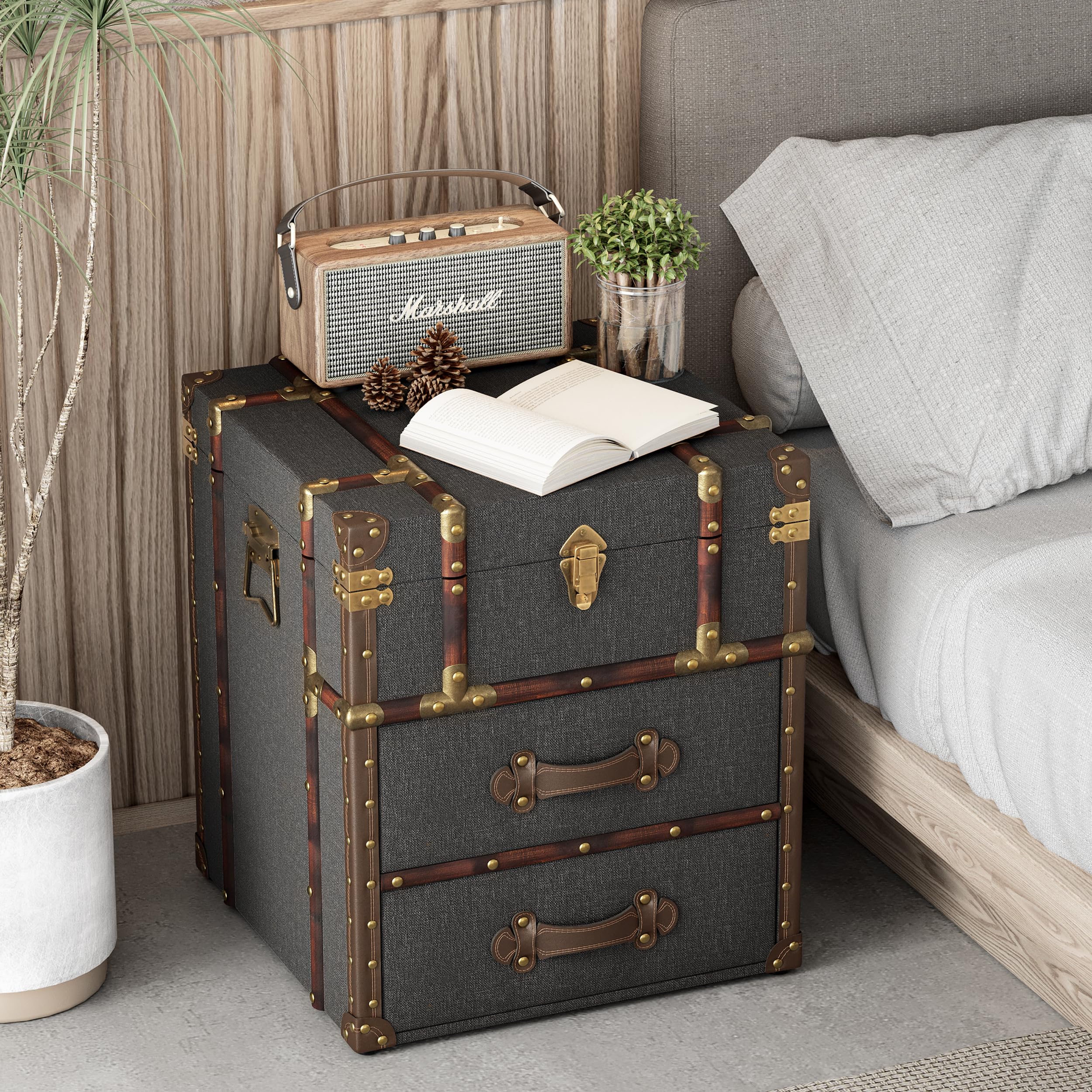 Aoikax Vintage Storage Chest with Buckle Hinged Top, Linen Accent End Side Table for Living Room, Office, Bedroom, Rectangle, Grey