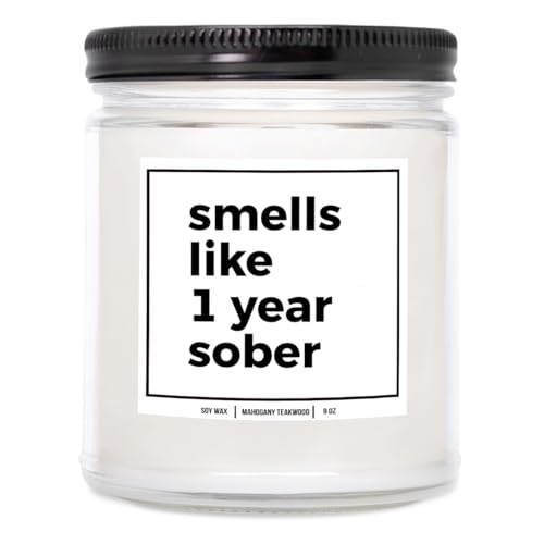 YouNique Designs Smells Like 1 Year Sober Candle - Cool Sobriety Gifts for Men, Women, One Year Sober Gifts for Men, Women, Sobriety Anniversary Candle, 1 Year Sobriety Gifts (Mahogany Teakwood)