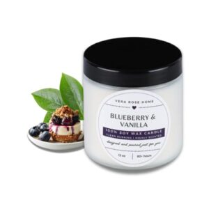 vera rose home blueberry & vanilla scented soy candle long burning highly scented candles 60+ hours clean white vegan candle odor eliminating candle safe for pets 12oz jar