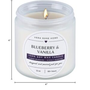 Vera Rose Home Blueberry & Vanilla Scented Soy Candle Long Burning Highly Scented Candles 60+ Hours Clean White Vegan Candle Odor Eliminating Candle Safe for Pets 12oz Jar