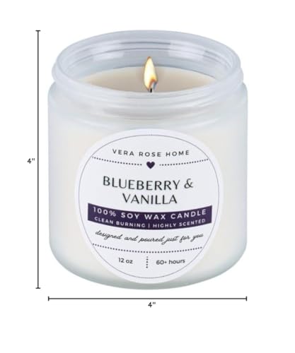 Vera Rose Home Blueberry & Vanilla Scented Soy Candle Long Burning Highly Scented Candles 60+ Hours Clean White Vegan Candle Odor Eliminating Candle Safe for Pets 12oz Jar