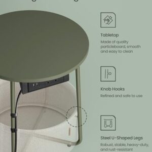 VASAGLE Side Table with Charging Station, Round End Table With Fabric Basket, Nightstand with Power Outlets USB Ports, for Living Room, Bedroom, Modern, Forest Green and Cream White ULET228C04