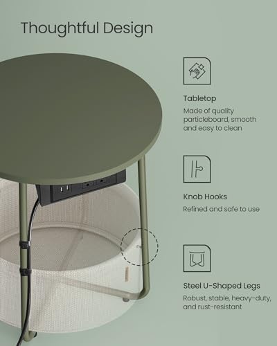 VASAGLE Side Table with Charging Station, Round End Table With Fabric Basket, Nightstand with Power Outlets USB Ports, for Living Room, Bedroom, Modern, Forest Green and Cream White ULET228C04