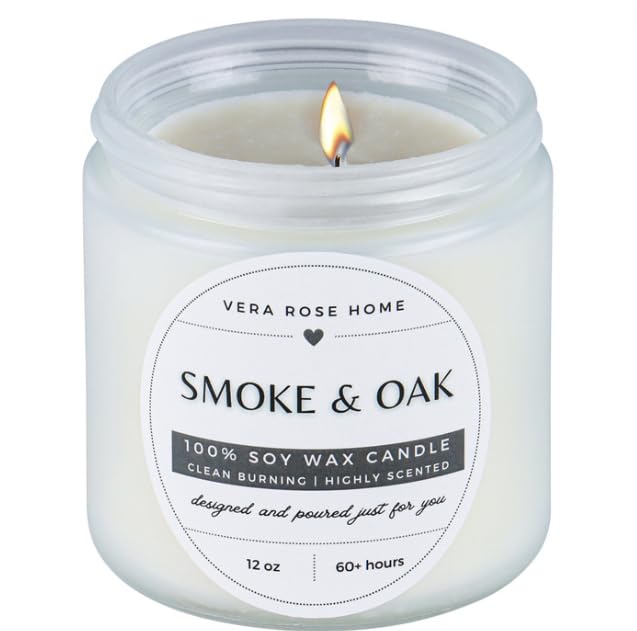 Vera Rose Home Smoke & Oak Scented Soy Candle Long Burning Highly Scented Cedar Sandalwood 60+ Hours Clean Burning Natural Candle Odor Eliminating Mens Scented Candle 12oz Jar