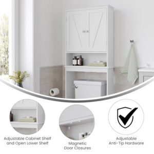 Flash Furniture Dune Farmhouse Over The Toilet Bathroom Storage Organizer with Magnetic Closure Doors, Adjustable Cabinet, Open Lower Shelf, Set of 1, White